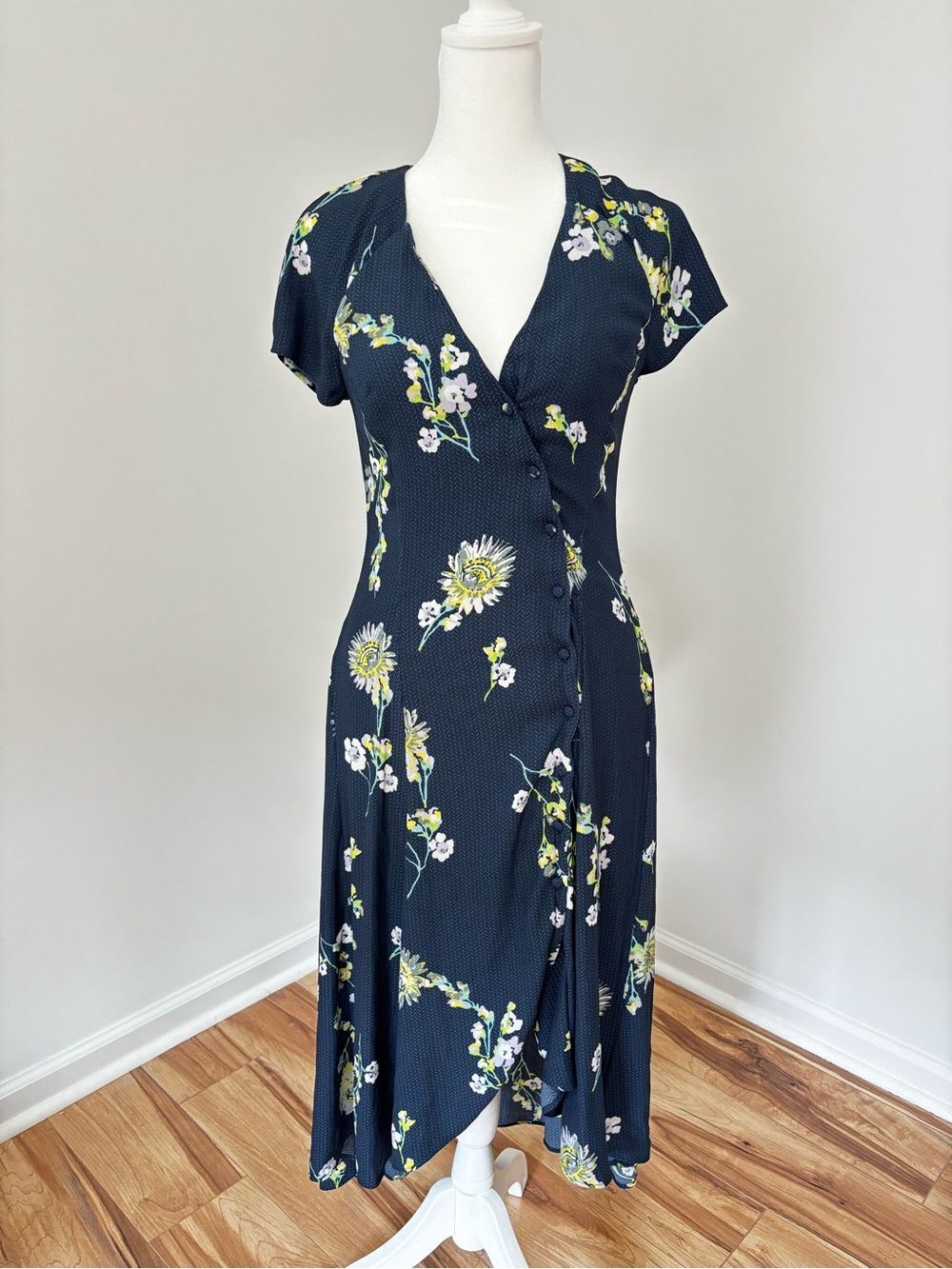 Free People Floral Wrap Midi Dress XS Navy Blue Button Front Boho Cottagecore
